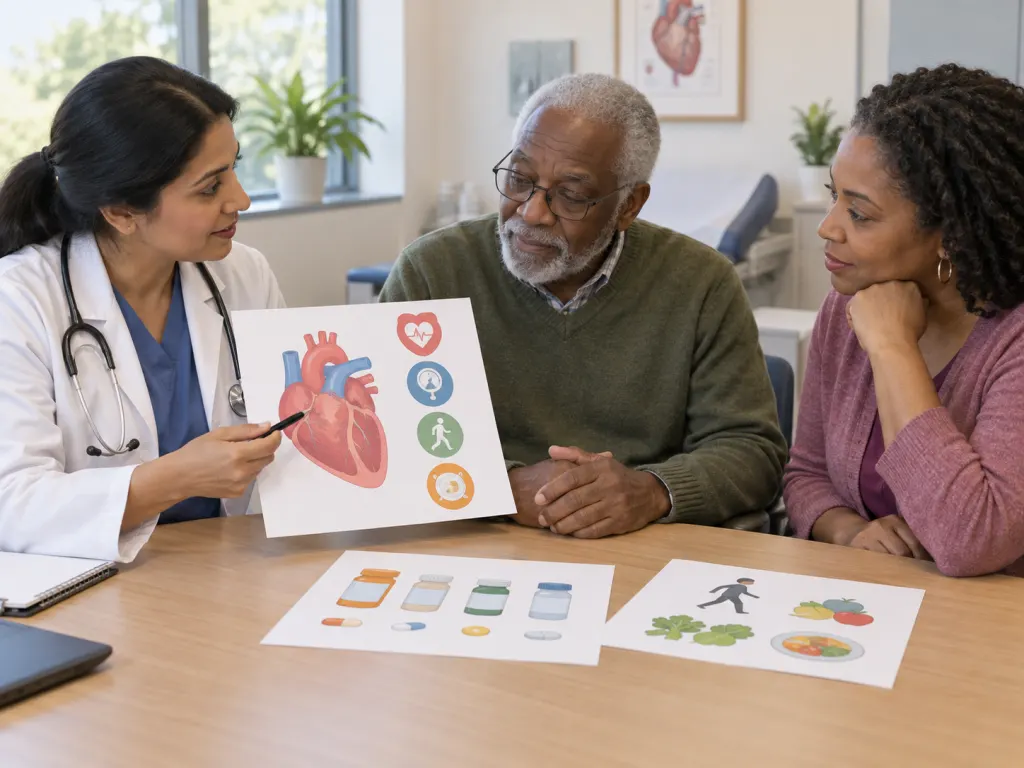 Clinician reviewing a medication list with an older patient and family member