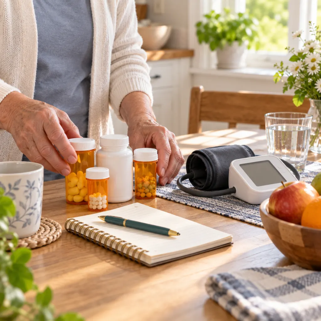 Older adult reviewing medicine bottles beside a blood pressure cuff and notebook