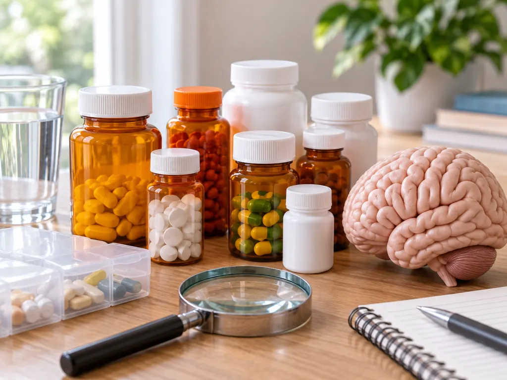 Unlabeled medicine bottles beside a brain model and magnifying glass.