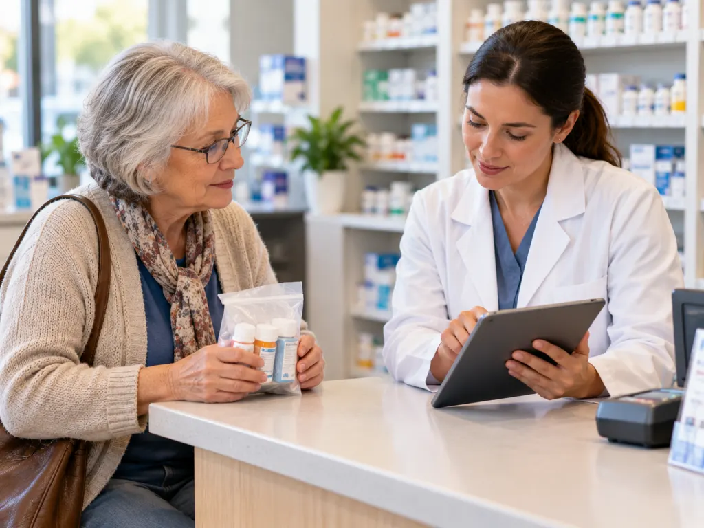 A pharmacist helps an older adult review medicines at a counter.