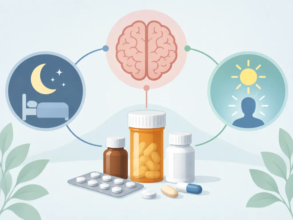 An educational illustration connects medicines with sleep and alertness concepts.