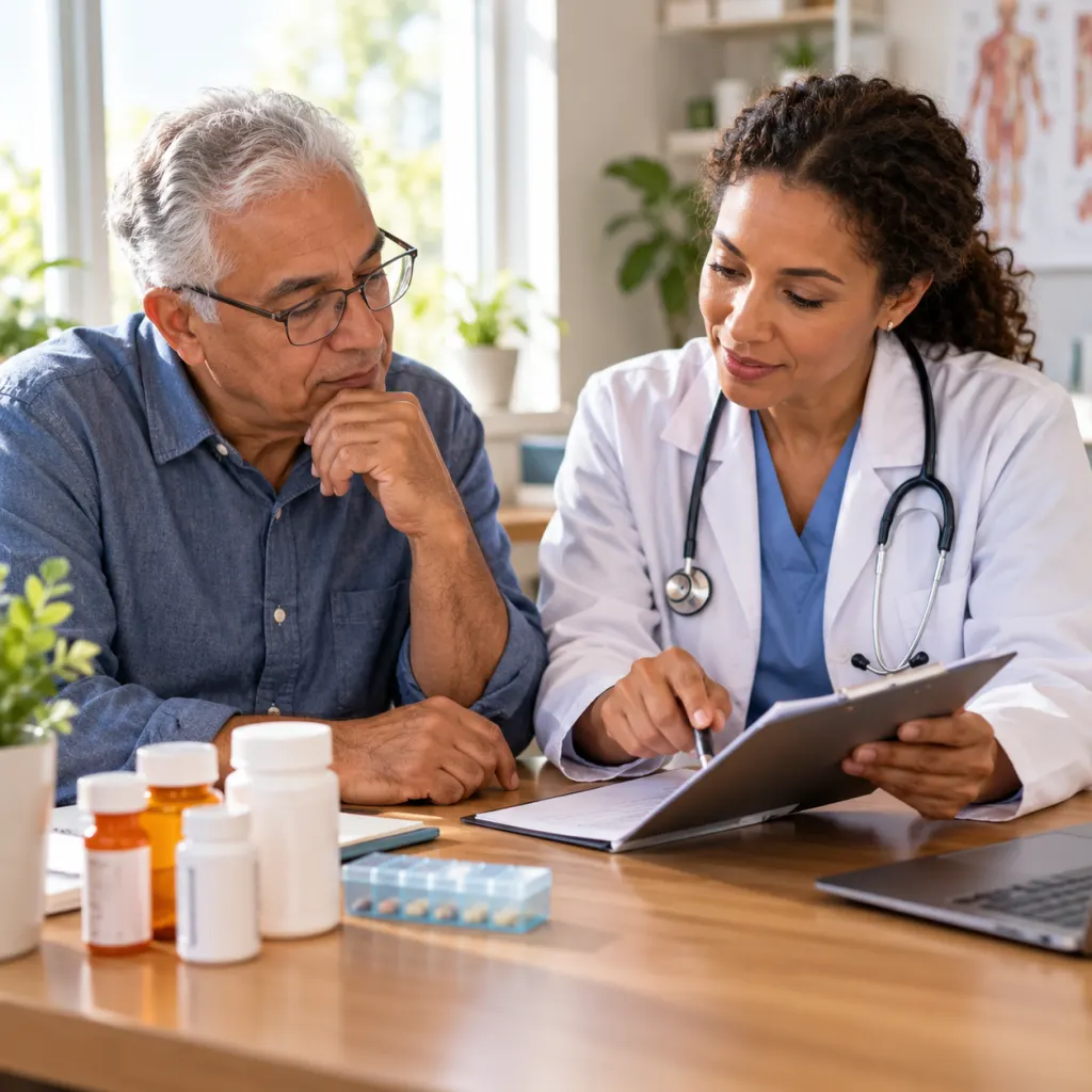 A clinician and older adult calmly review medicines together at a desk.