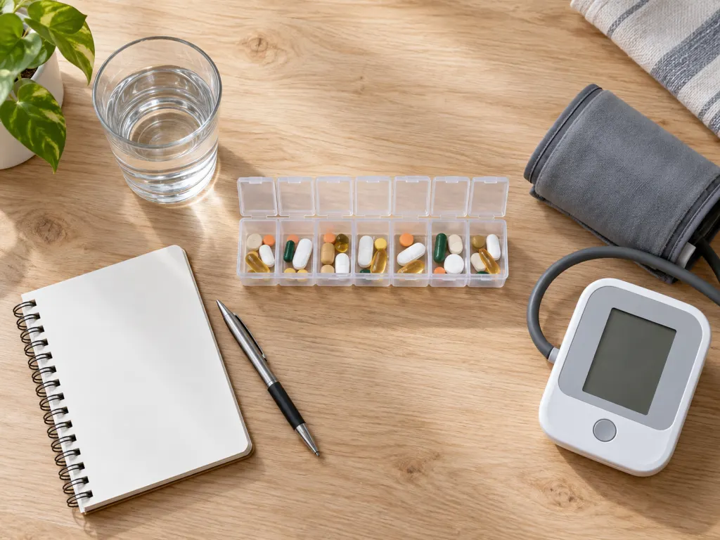 Pill organizer, water glass, blood pressure cuff, and notepad arranged on a wooden surface