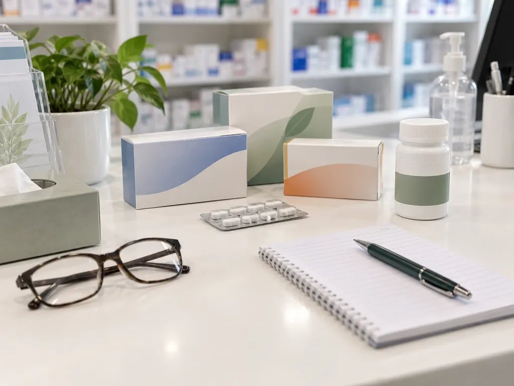 Generic medication cartons, notepad and reading glasses on a pharmacy consultation surface