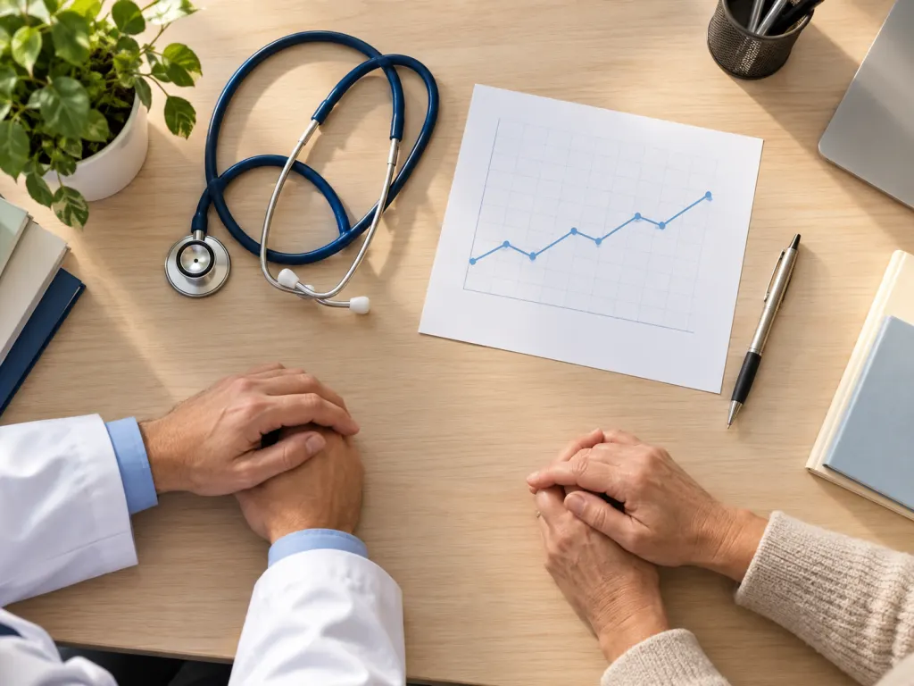 Stethoscope, plain medical chart and pen on a healthcare consultation desk viewed from above