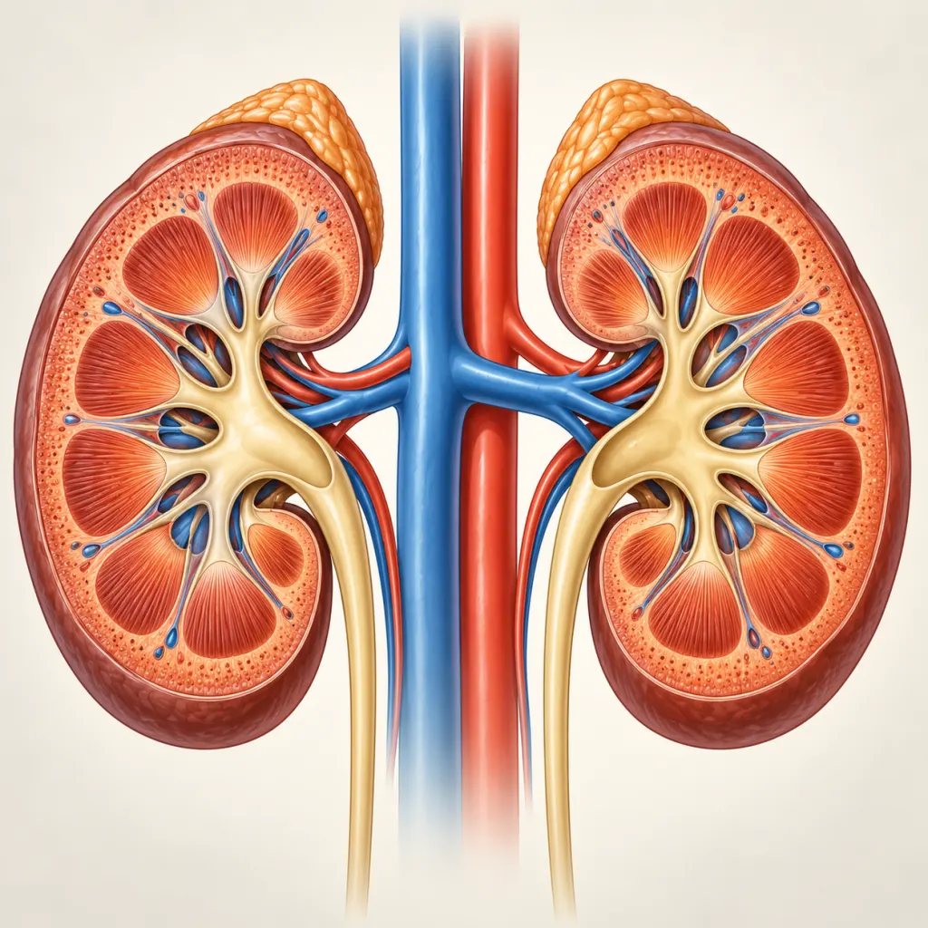 Educational illustration of two kidneys in cross-section showing internal tubule structures