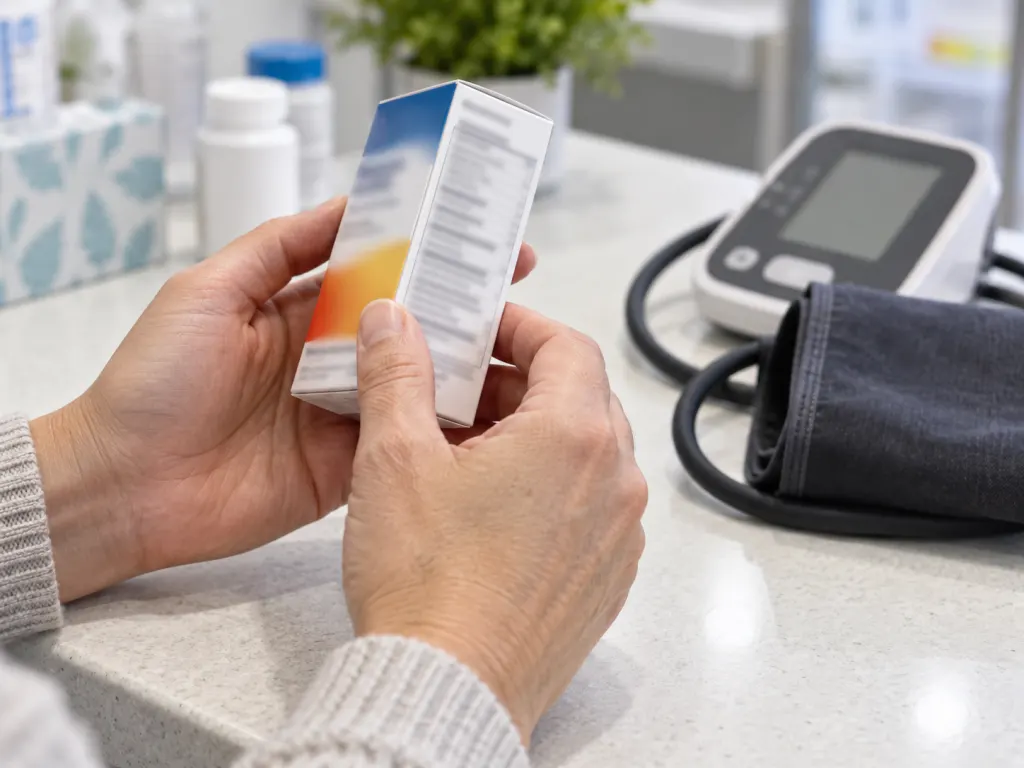 Hands checking an over-the-counter medicine label next to a blood pressure cuff.