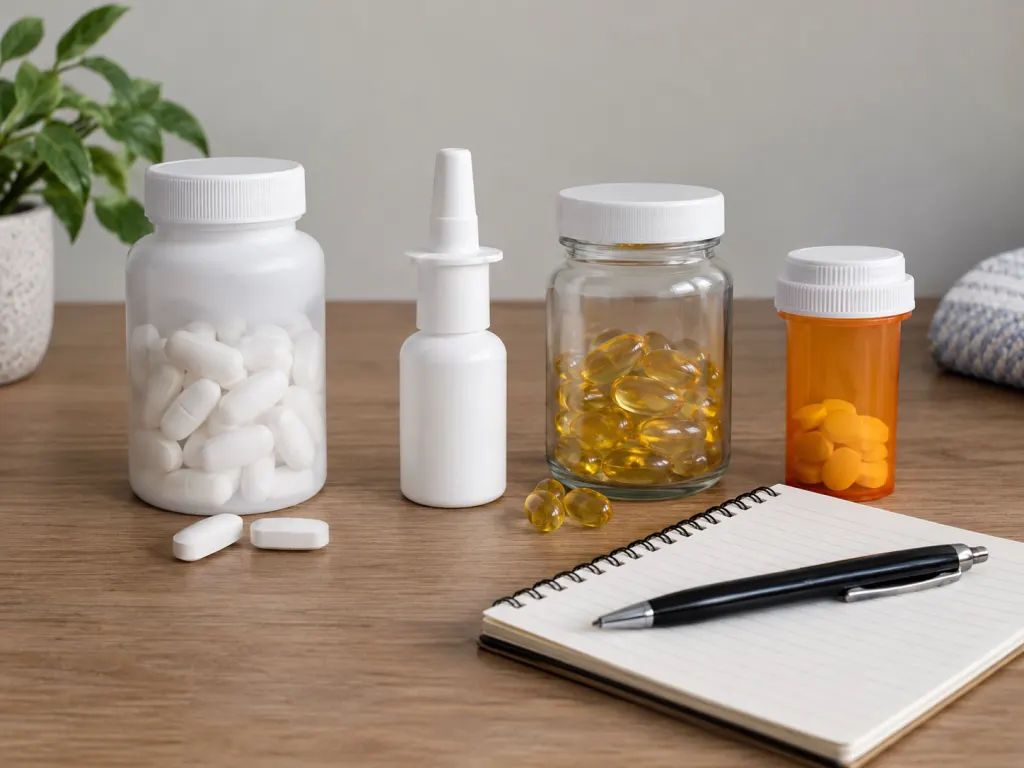 Several unlabeled medicine containers arranged with a notepad for pharmacy questions.