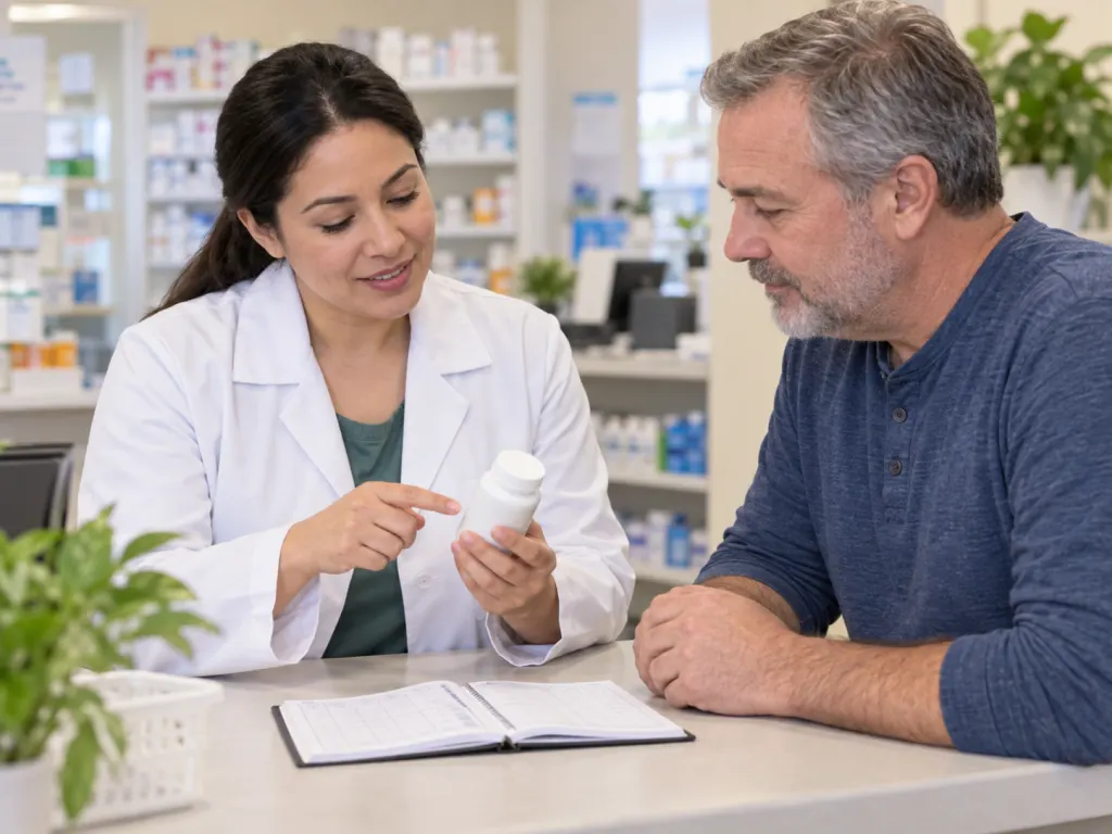A pharmacist and patient review medicines and blood pressure information at a counter.