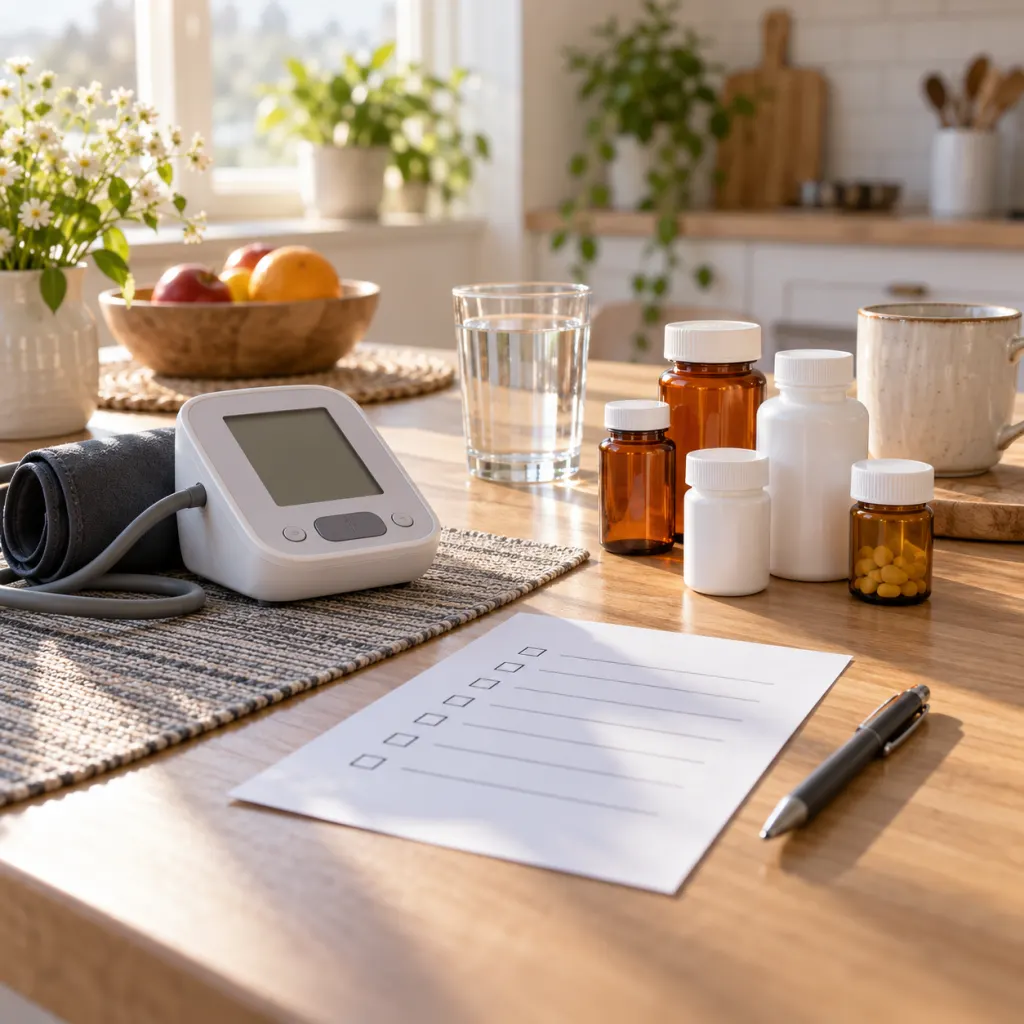 A blood pressure monitor beside an organized medication list and unlabeled medicine bottles.