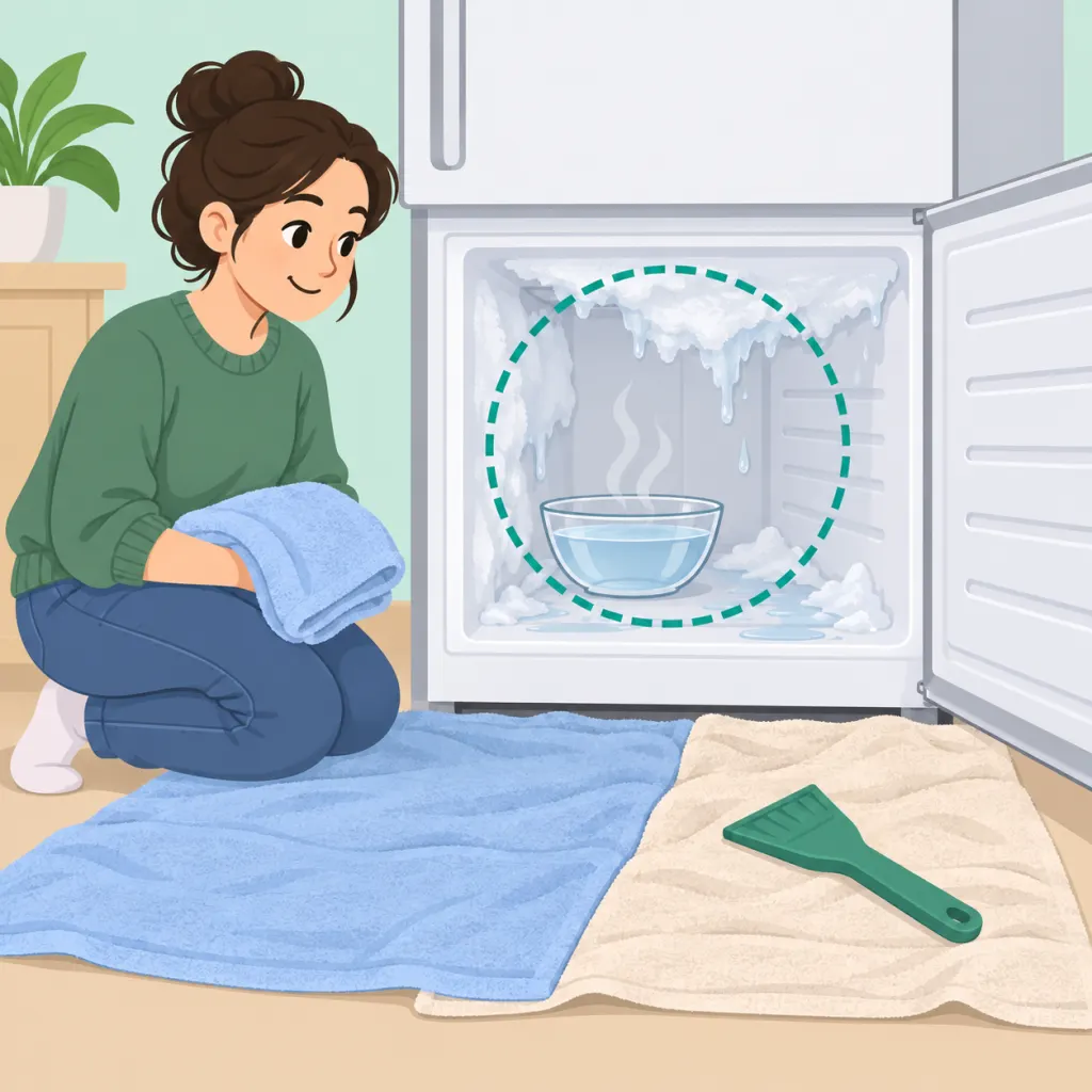 A person safely melting freezer ice with warm water, towels, and a plastic scraper.