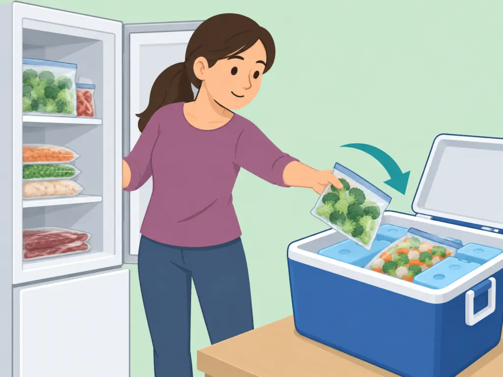 Frozen food being moved from a freezer into a cooler with ice packs.