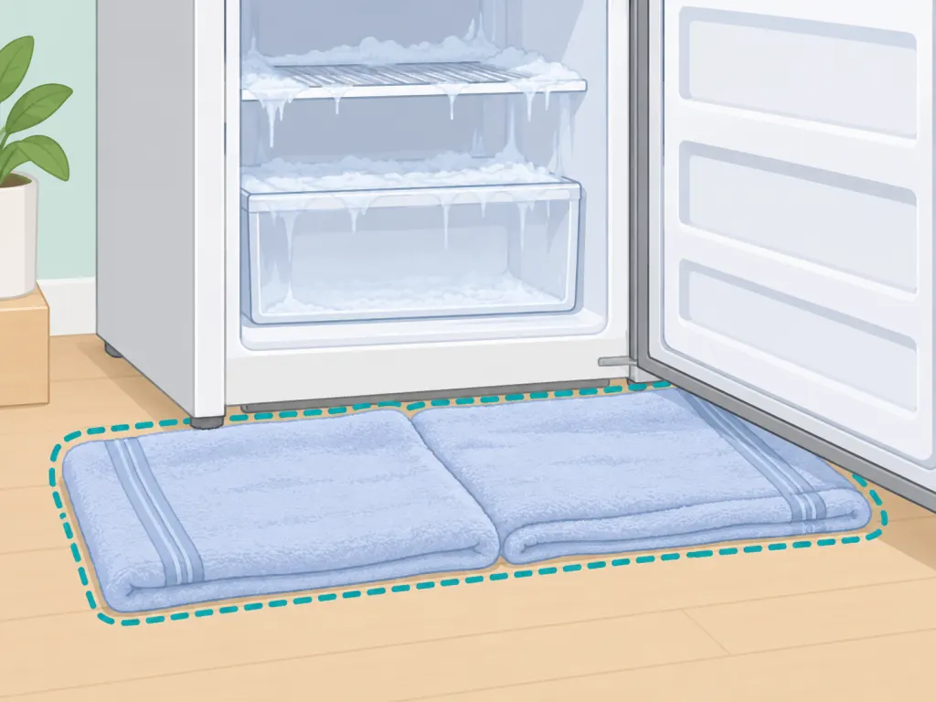 Towels placed at the base of a freezer to catch melting ice water.