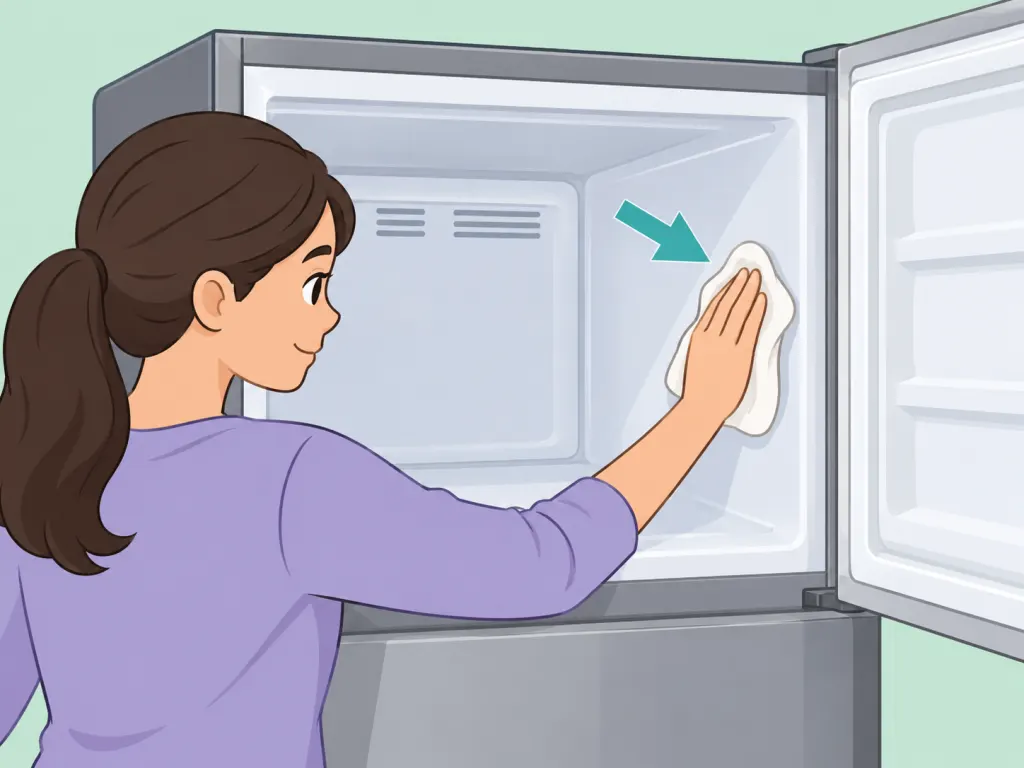 A clean cloth drying the inside of an empty freezer.