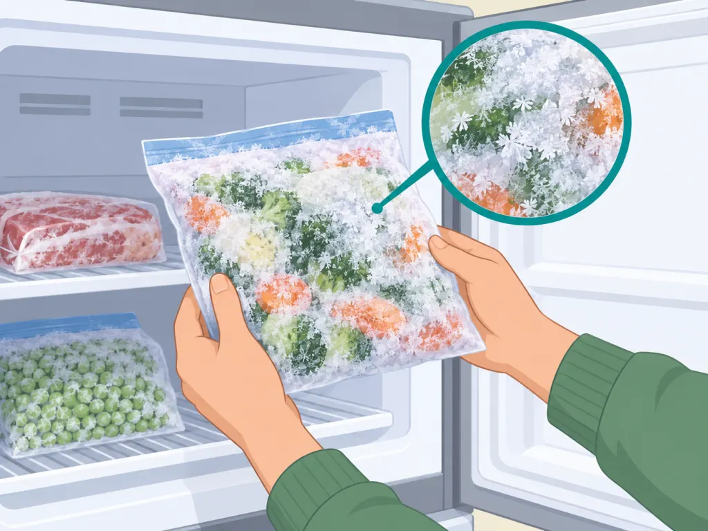 Frozen food packages being checked for ice crystals before restocking.
