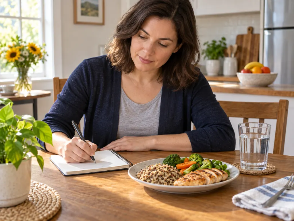 An adult writes symptom notes at a kitchen table with food and water nearby.