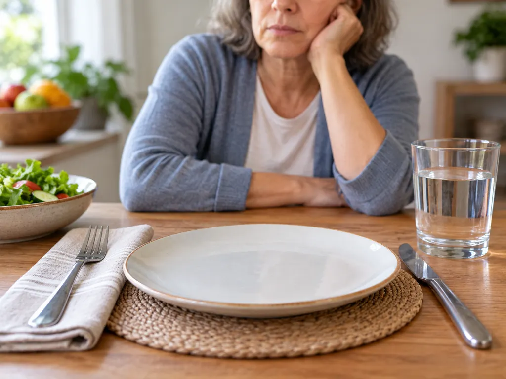 A meal setting with a person in the background, suggesting appetite or taste changes.