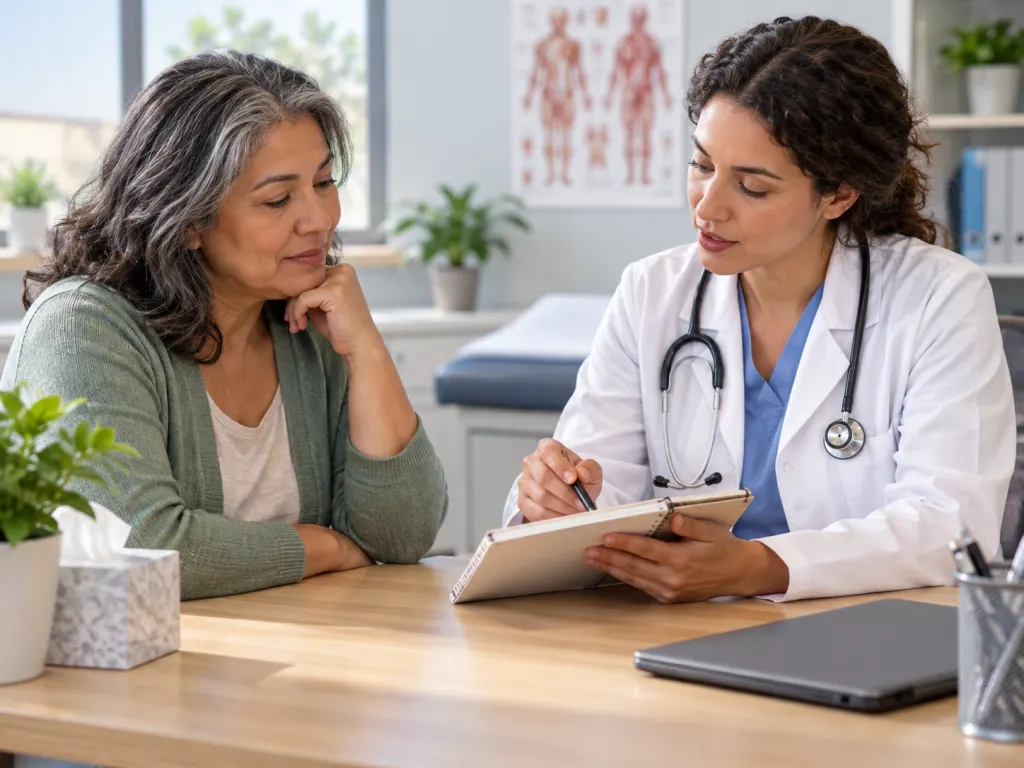 A patient and clinician review symptom notes together during an appointment.