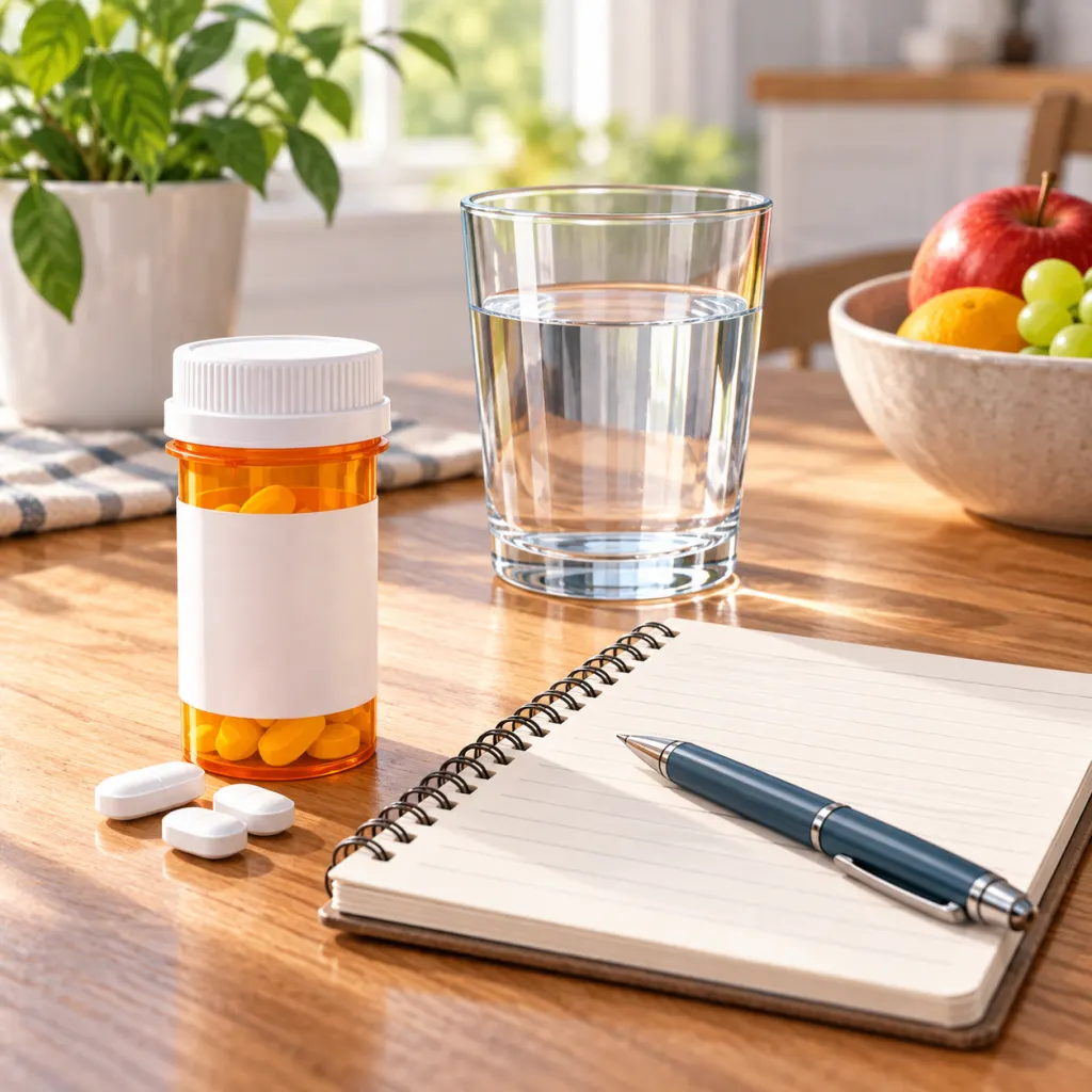 A medicine bottle, notebook, pen, and glass of water arranged on a kitchen table.