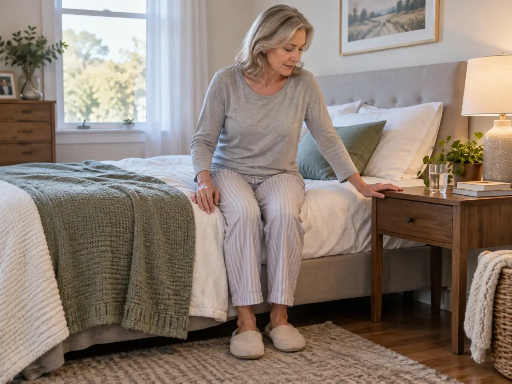 An adult sits on the edge of a bed before standing, suggesting caution with dizziness