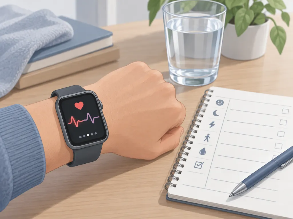 A pulse monitor, symptom log, and water glass shown as tools for tracking patterns