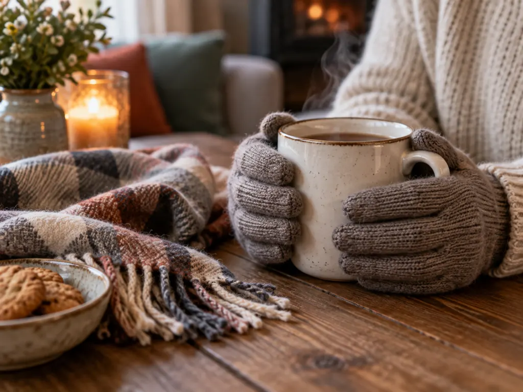 Gloved hands hold a warm mug beside a scarf, representing comfort for cold hands