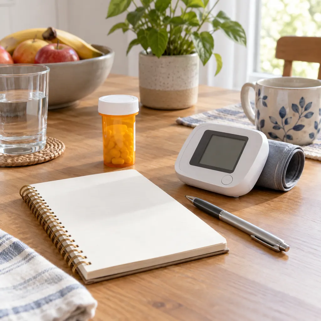 A notebook, pen, medicine bottle turned away, and pulse monitor arranged on a table