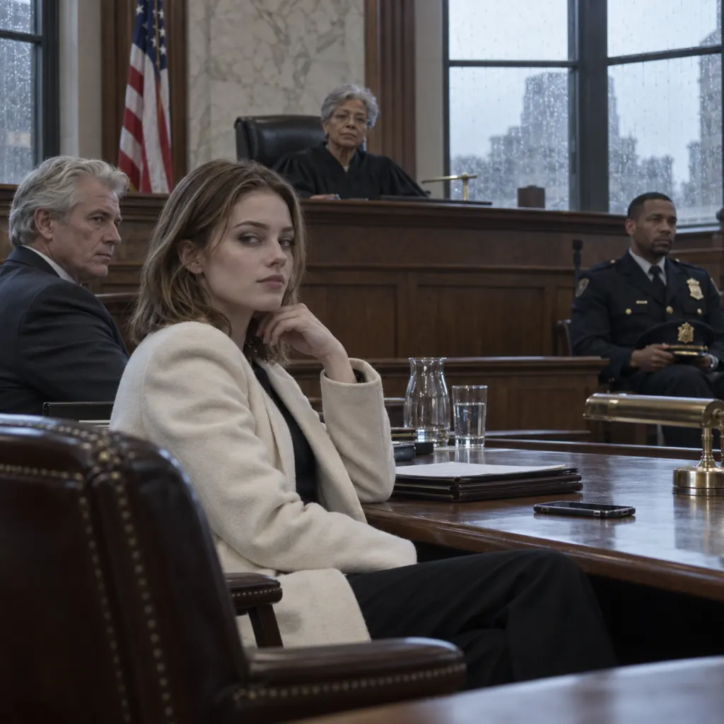 A tense fictional courtroom scene with a wealthy young woman facing a calm judge.