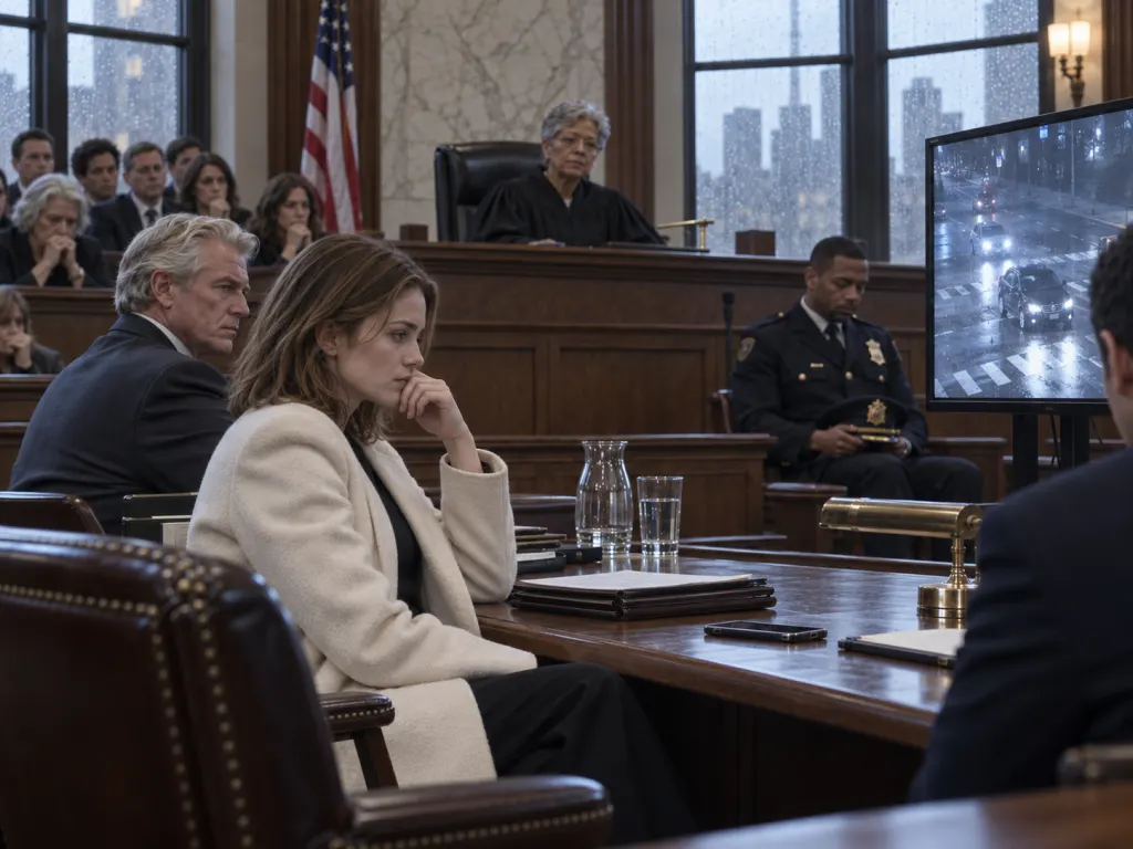 Courtroom evidence shifts the mood as witnesses and the officer listen.