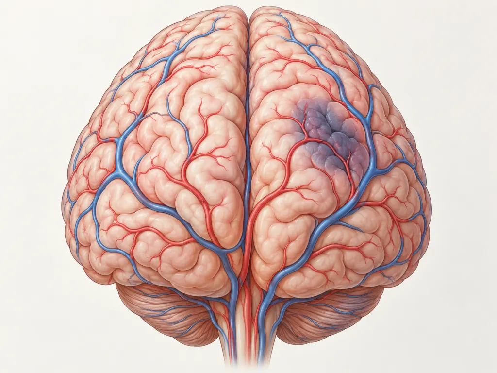 An educational illustration of a human brain showing blood vessel pathways and a highlighted region representing briefly reduced blood flow.