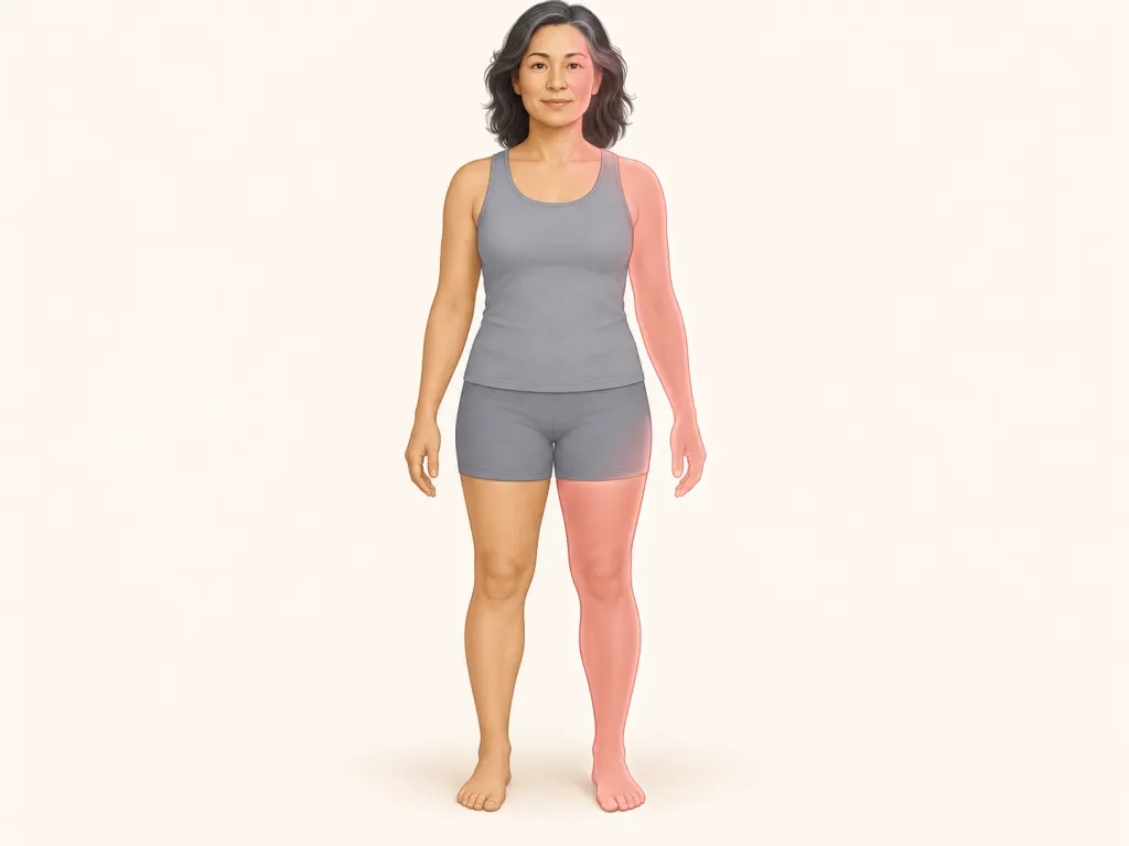 An educational figure illustration showing the face, arm, and leg on one side of the body as regions affected by sudden weakness during a TIA.