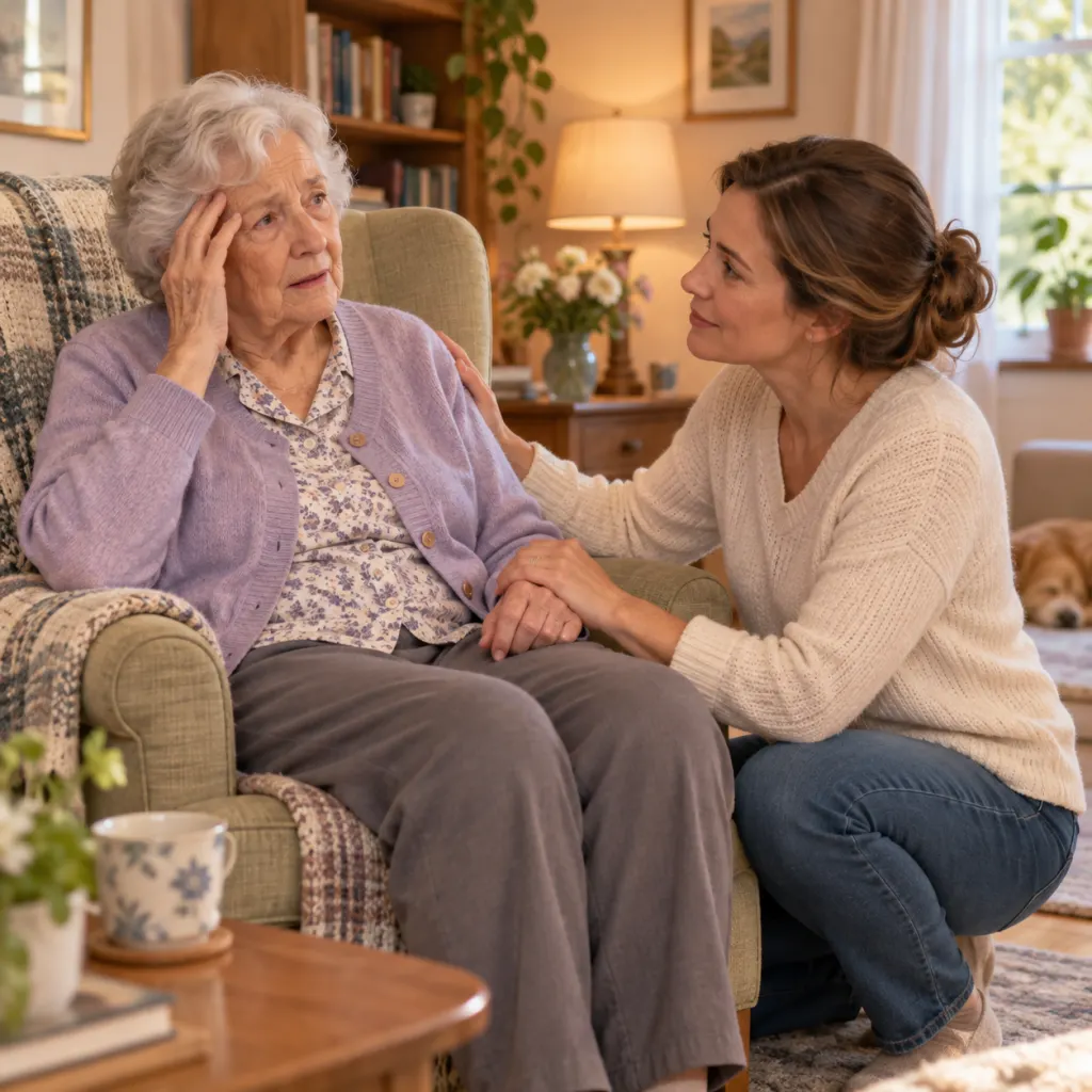 An elderly person seated in an armchair looking momentarily confused, with a family member offering calm support beside them.