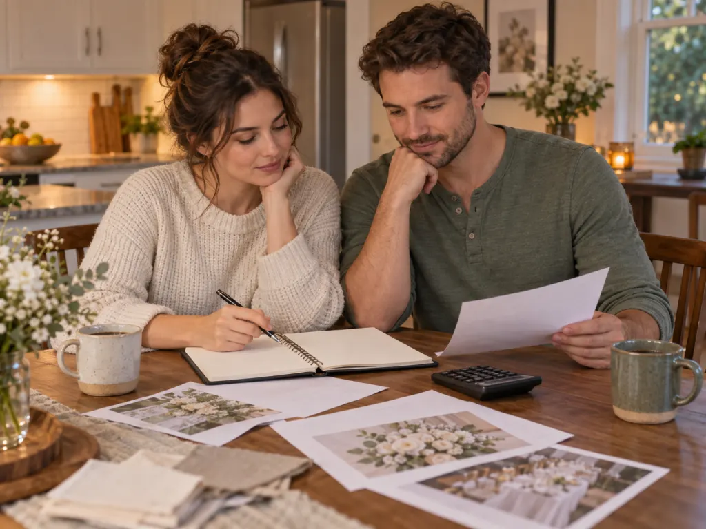 Couple reviewing a wedding budget and guest list at a kitchen table.