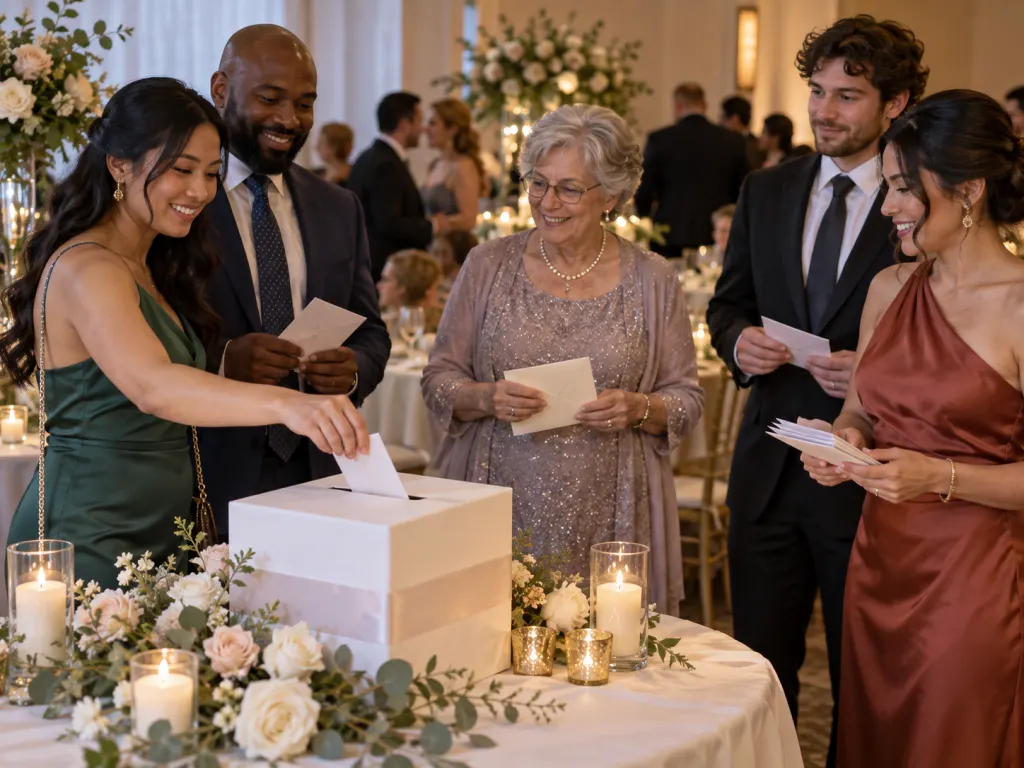 Wedding guests holding envelopes near a simple card box at a reception.