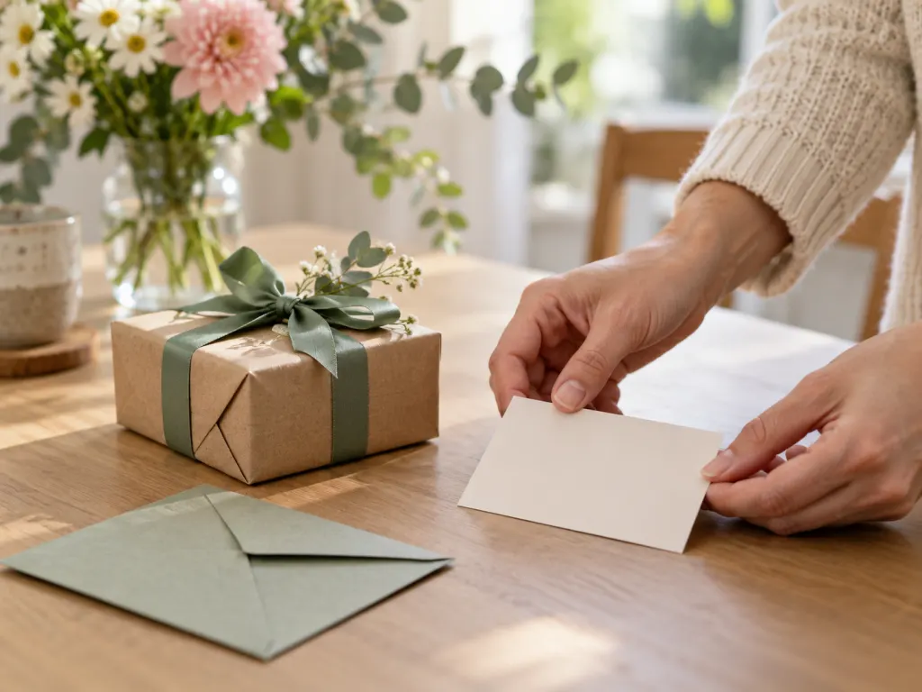 Hands placing a blank card beside a modest wrapped wedding gift and envelope.