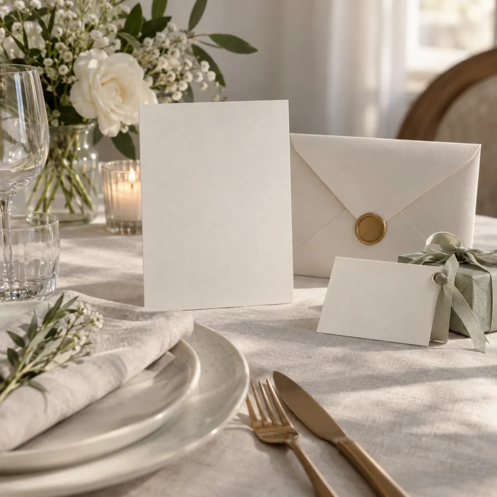Wedding invitation, envelope, place setting, and blank gift card arranged on a table.