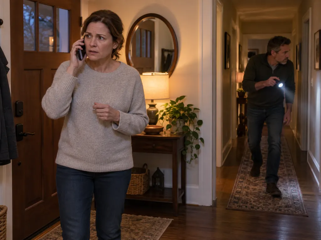 A concerned adult calls for help while another person checks the home carefully.