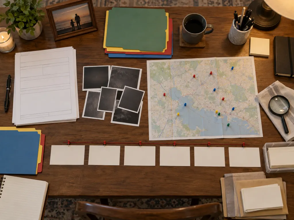 An organized case file with folders, blank cards, photos, and an unmarked map.