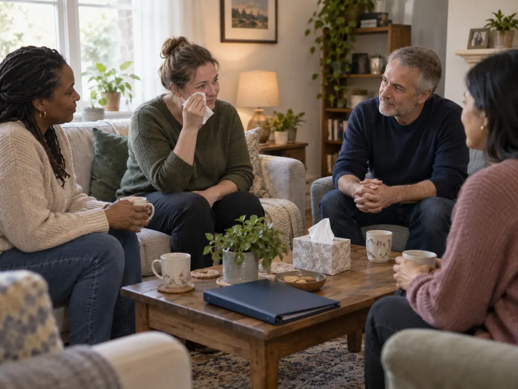 A small group sits together in a living room offering quiet support.