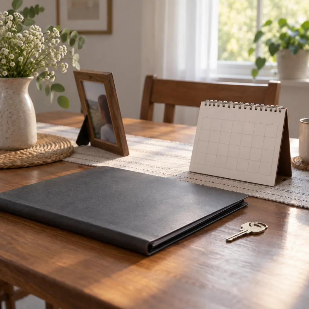 A quiet table with a folder, portrait, calendar, and key suggesting a long missing-person case.