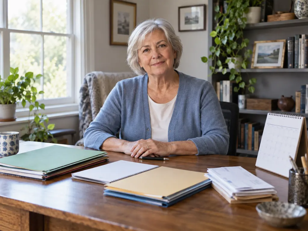 An older adult calmly organizing folders, envelopes, and a calendar at a desk.