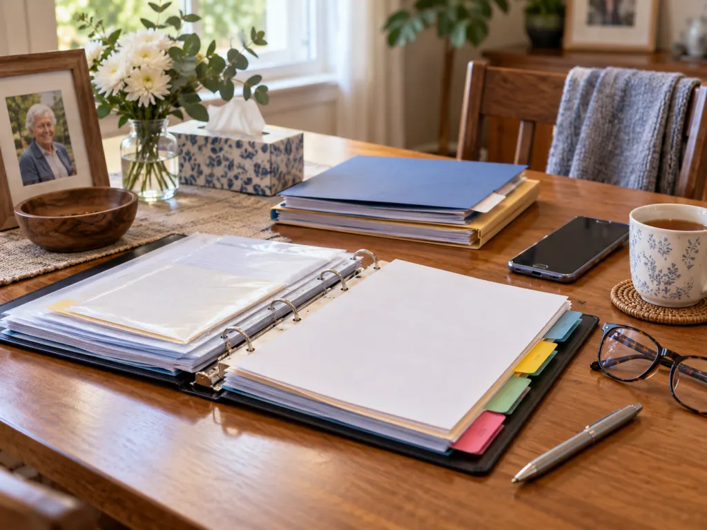 A tidy table with a binder, phone, glasses, and tea arranged for paperwork organization.
