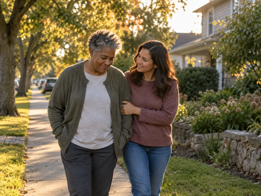 Two adults walking together on a sidewalk in warm late-afternoon light.