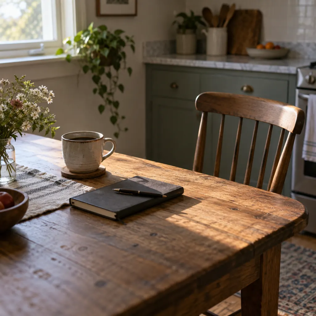 A quiet kitchen table with one coffee cup, an empty chair, and a notebook in soft morning light.