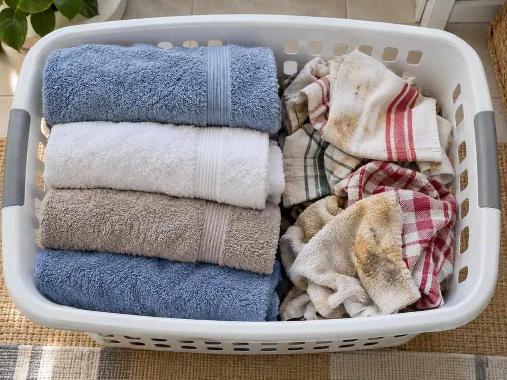 A divided laundry basket showing ordinary towels separated from kitchen cloths