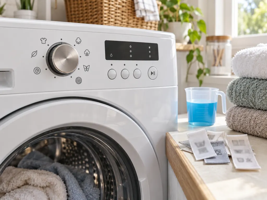Laundry settings and detergent arranged with towels for a careful wash load
