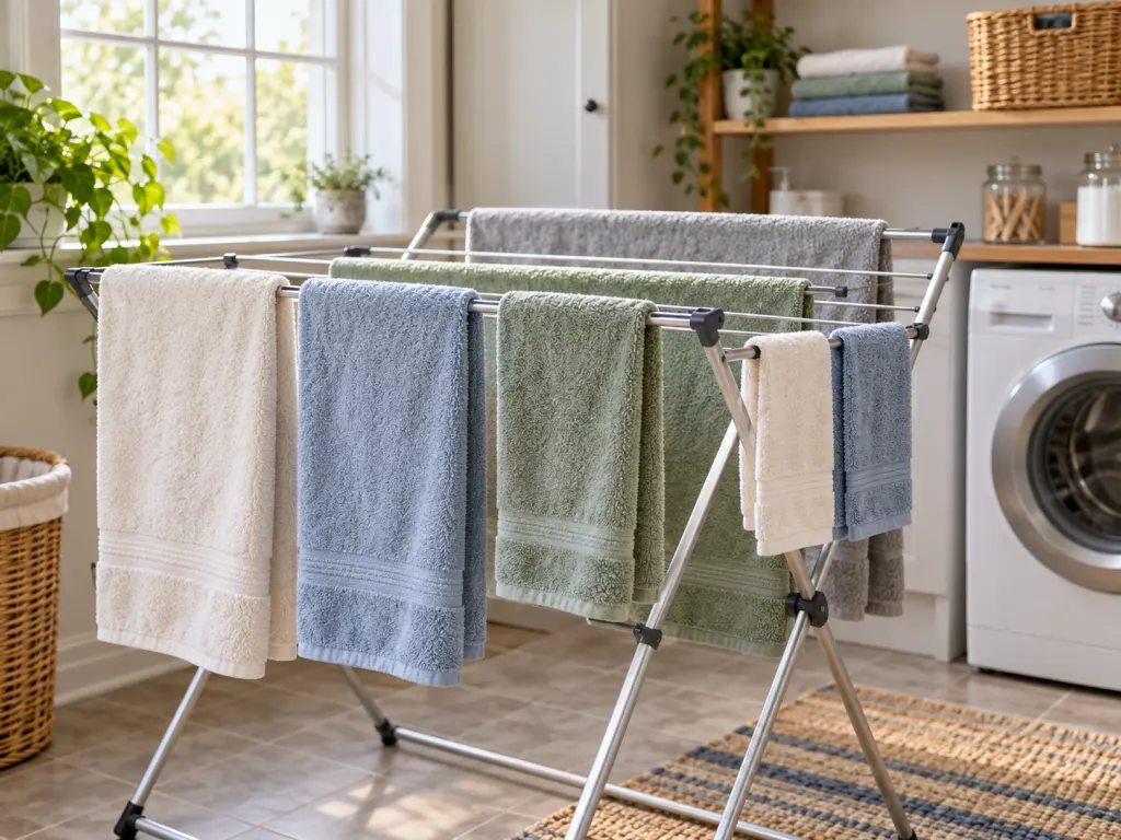 Fresh towels drying with space and airflow on a laundry rack