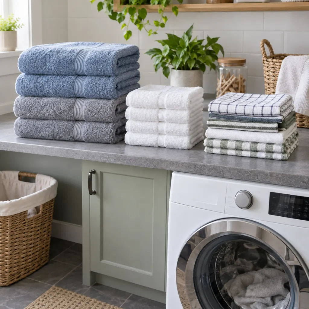 Sorted household towels beside a washing machine before laundry