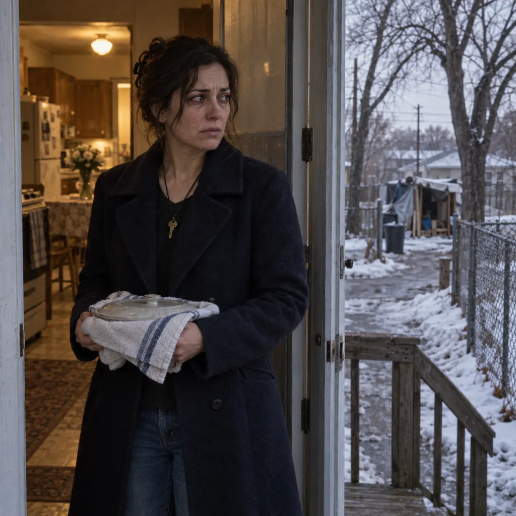 Mara holds a covered plate in the back doorway after her mother's funeral.