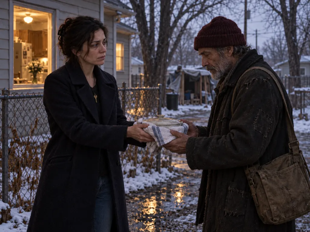 Mara gives Samuel a covered plate beneath the maple trees after the funeral.